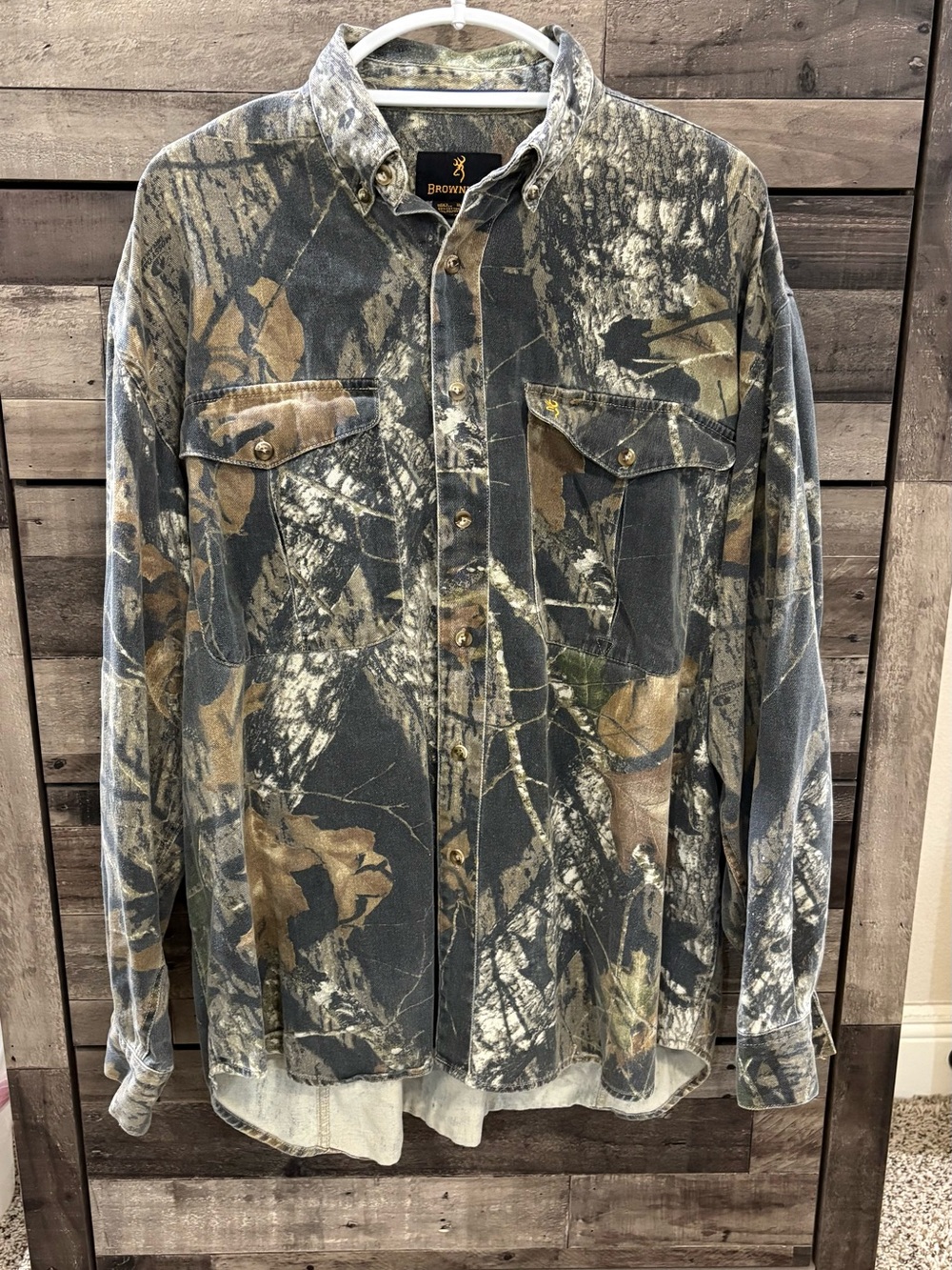 Vintage Browning Mossy Oak Break-Up Camo Button-Up Shirt Men’s XL